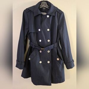 Calvin Klein Women Navy Blue Hooded Double Breasted‎ Belted Trench Coat Size XL